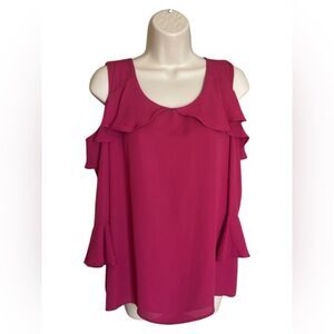 Roz & Ali Burgundy Ruffle Cold Shoulder Sheer medium Top Key hole back